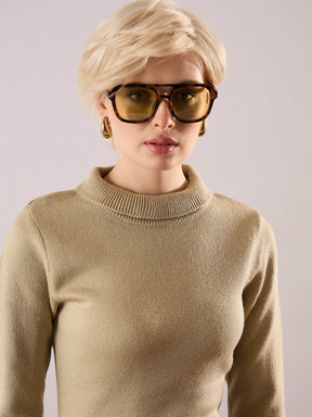 Beige Acrylic Wool High Neck Midi Dress-SASSAFRAS