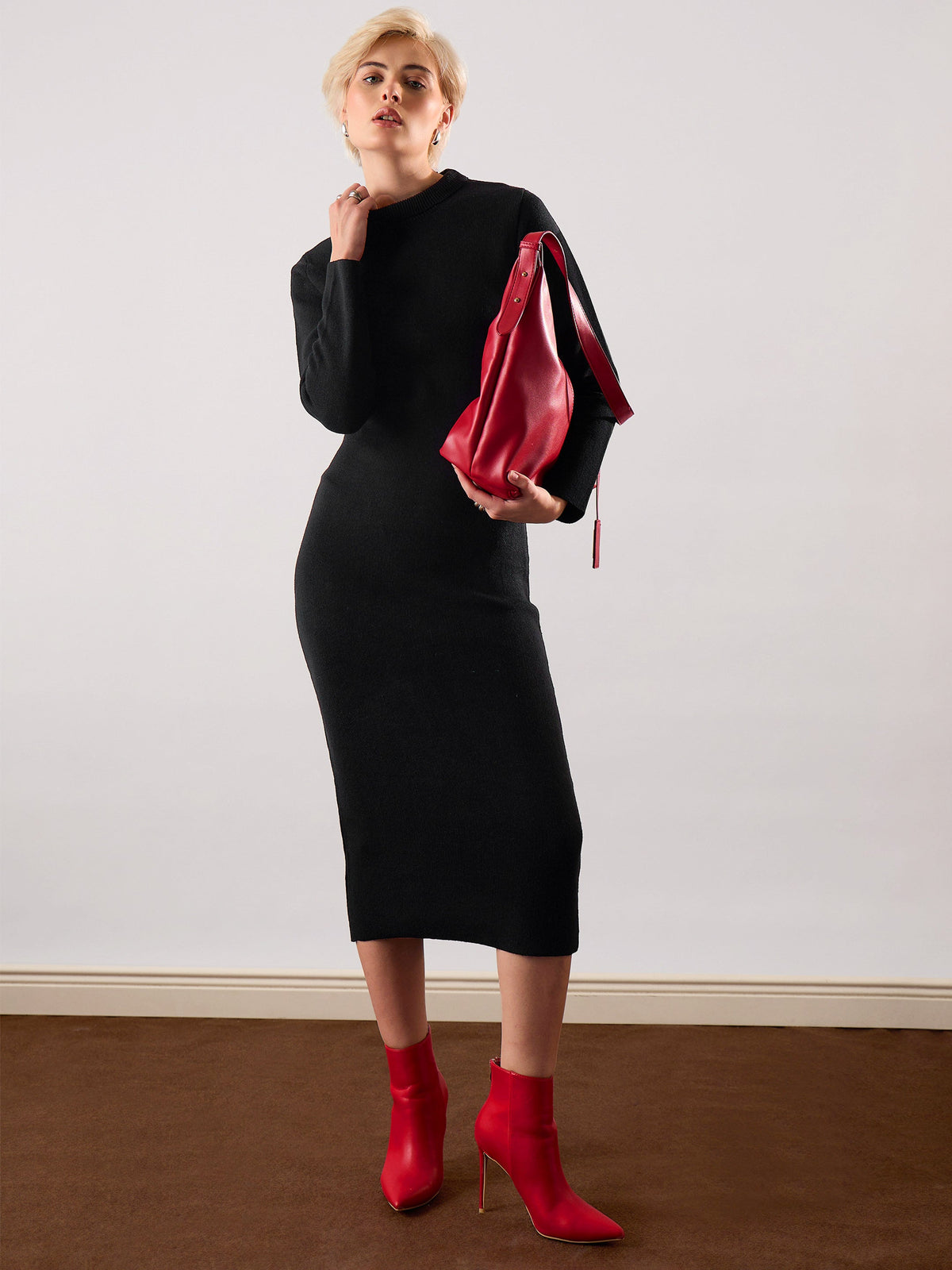 Black Acrylic Wool High Neck Midi Dress-SASSAFRAS