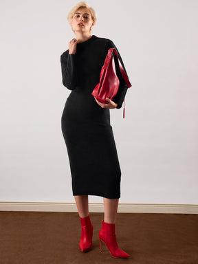 Black Acrylic Wool High Neck Midi Dress-SASSAFRAS