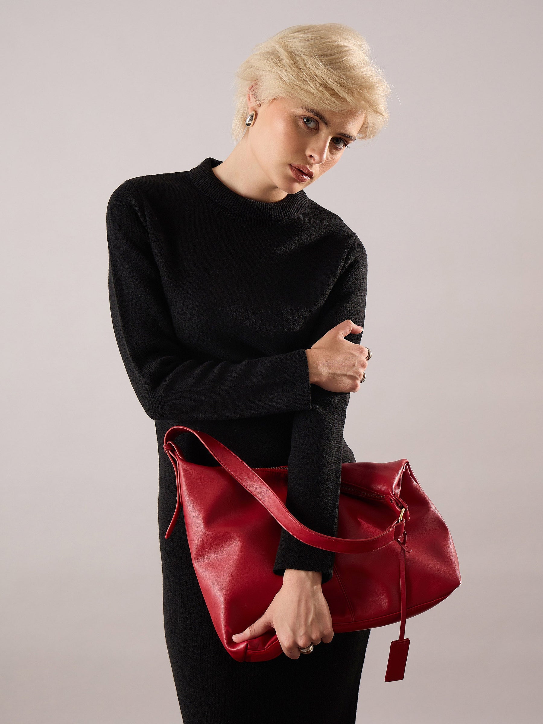 Black Acrylic Wool High Neck Midi Dress-SASSAFRAS