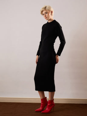 Black Acrylic Wool High Neck Midi Dress-SASSAFRAS
