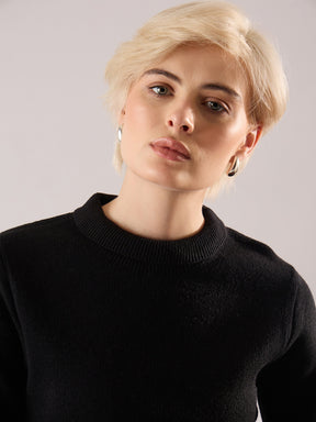 Black Acrylic Wool High Neck Midi Dress-SASSAFRAS