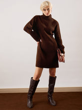 Brown Acrylic Wool Turtle Neck Short Dress-SASSAFRAS