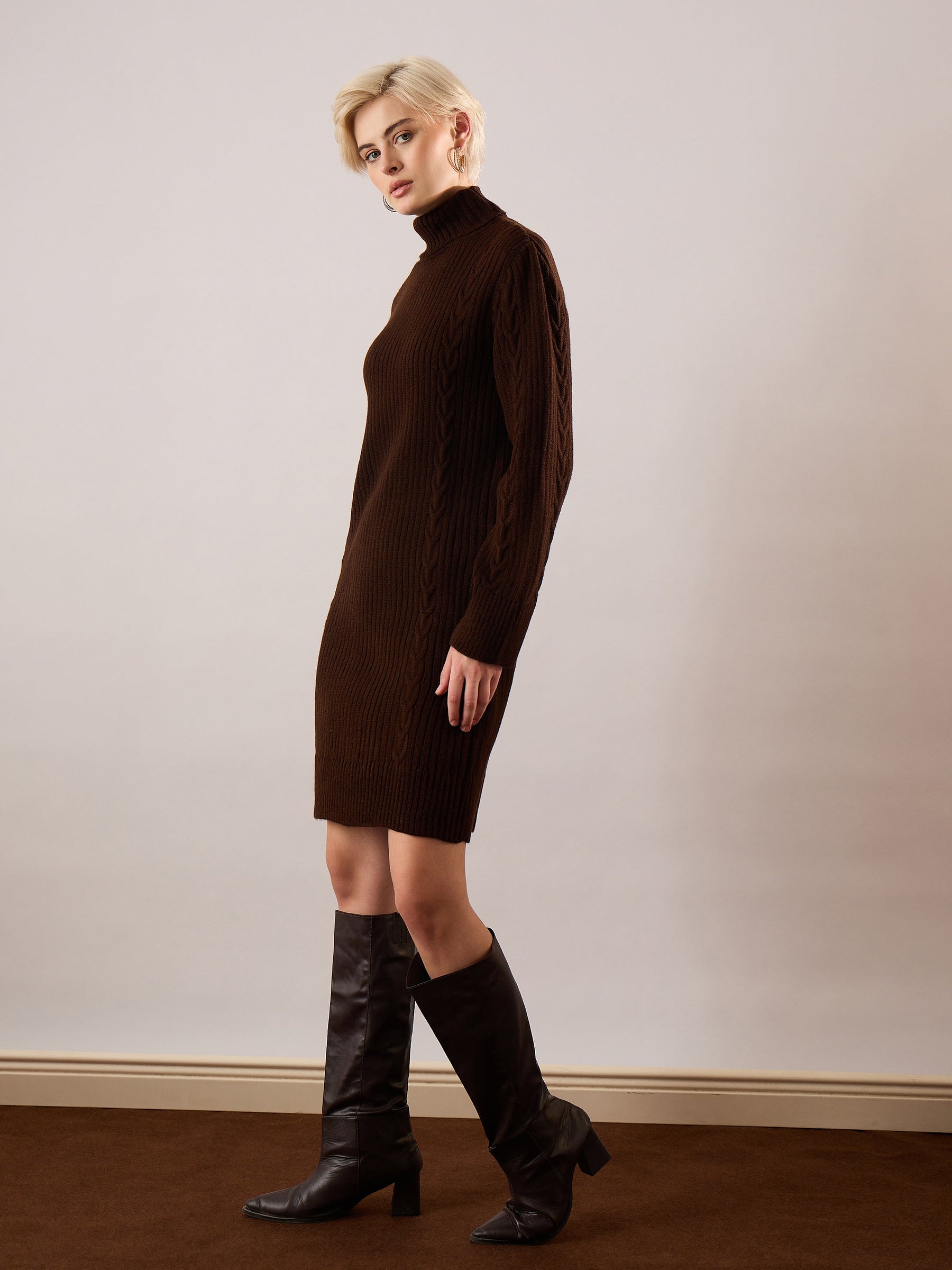 Brown Acrylic Wool Turtle Neck Short Dress-SASSAFRAS
