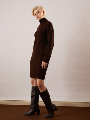 Brown Acrylic Wool Turtle Neck Short Dress-SASSAFRAS