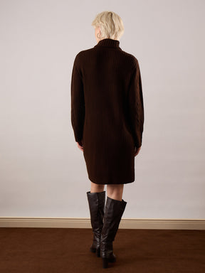 Brown Acrylic Wool Turtle Neck Short Dress-SASSAFRAS