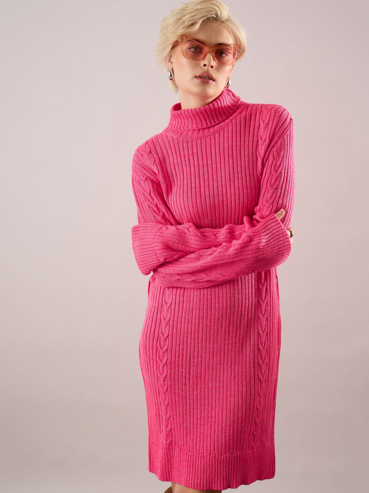 Pink Acrylic Wool Turtle Neck Short Dress-SASSAFRAS