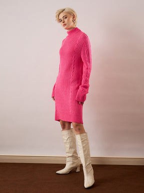 Pink Acrylic Wool Turtle Neck Short Dress-SASSAFRAS