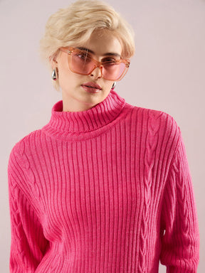 Pink Acrylic Wool Turtle Neck Short Dress-SASSAFRAS