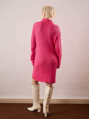 Pink Acrylic Wool Turtle Neck Short Dress-SASSAFRAS