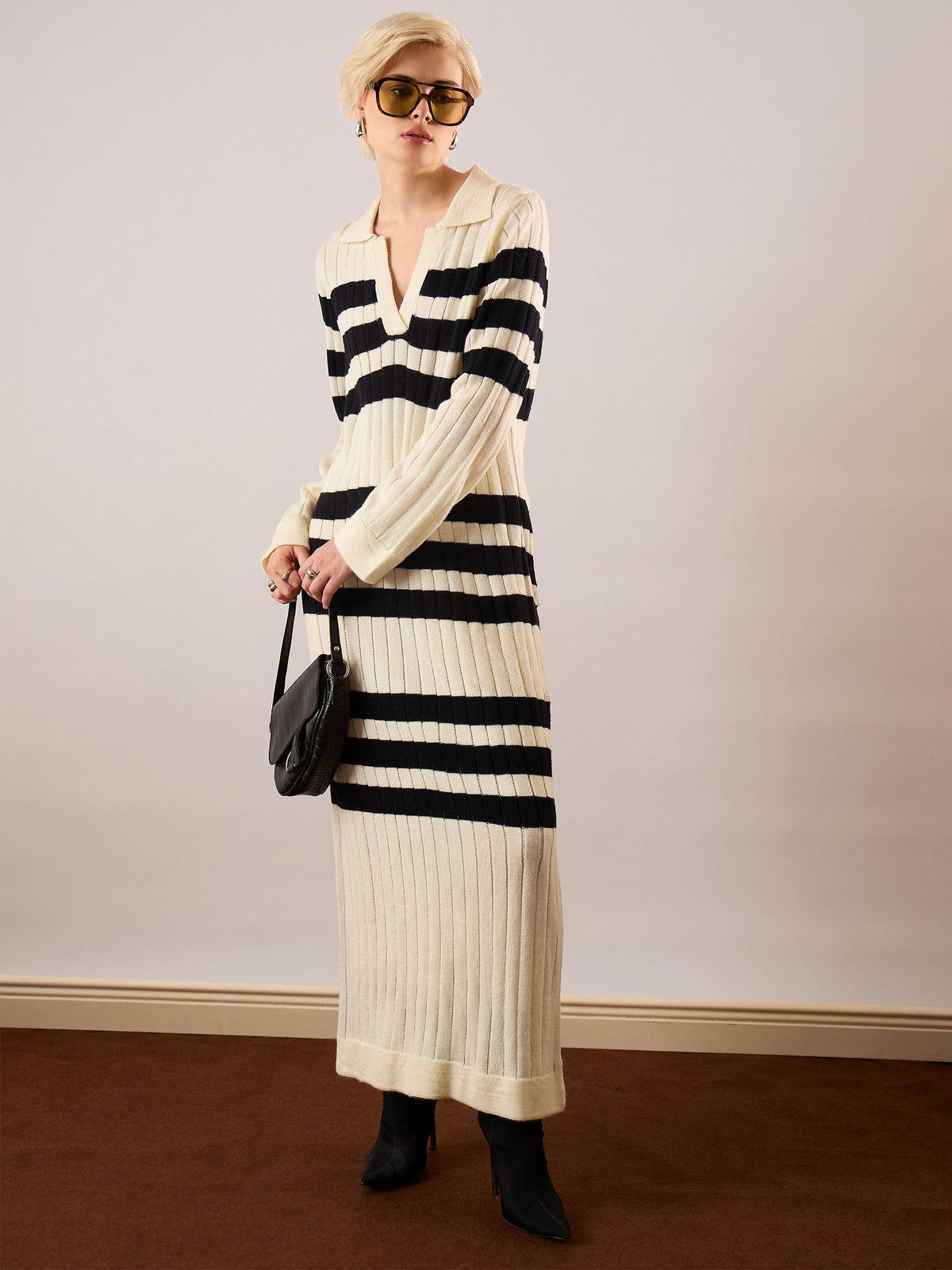 Black & Off White Striped Acrylic Wool Collar Midi Dress-SASSAFRAS