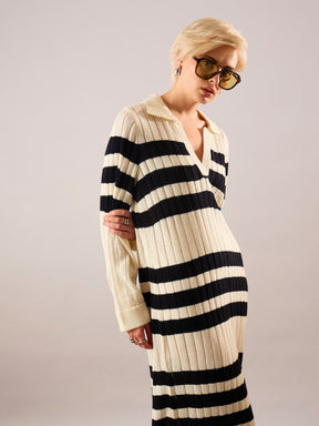 Black & Off White Striped Acrylic Wool Collar Midi Dress-SASSAFRAS