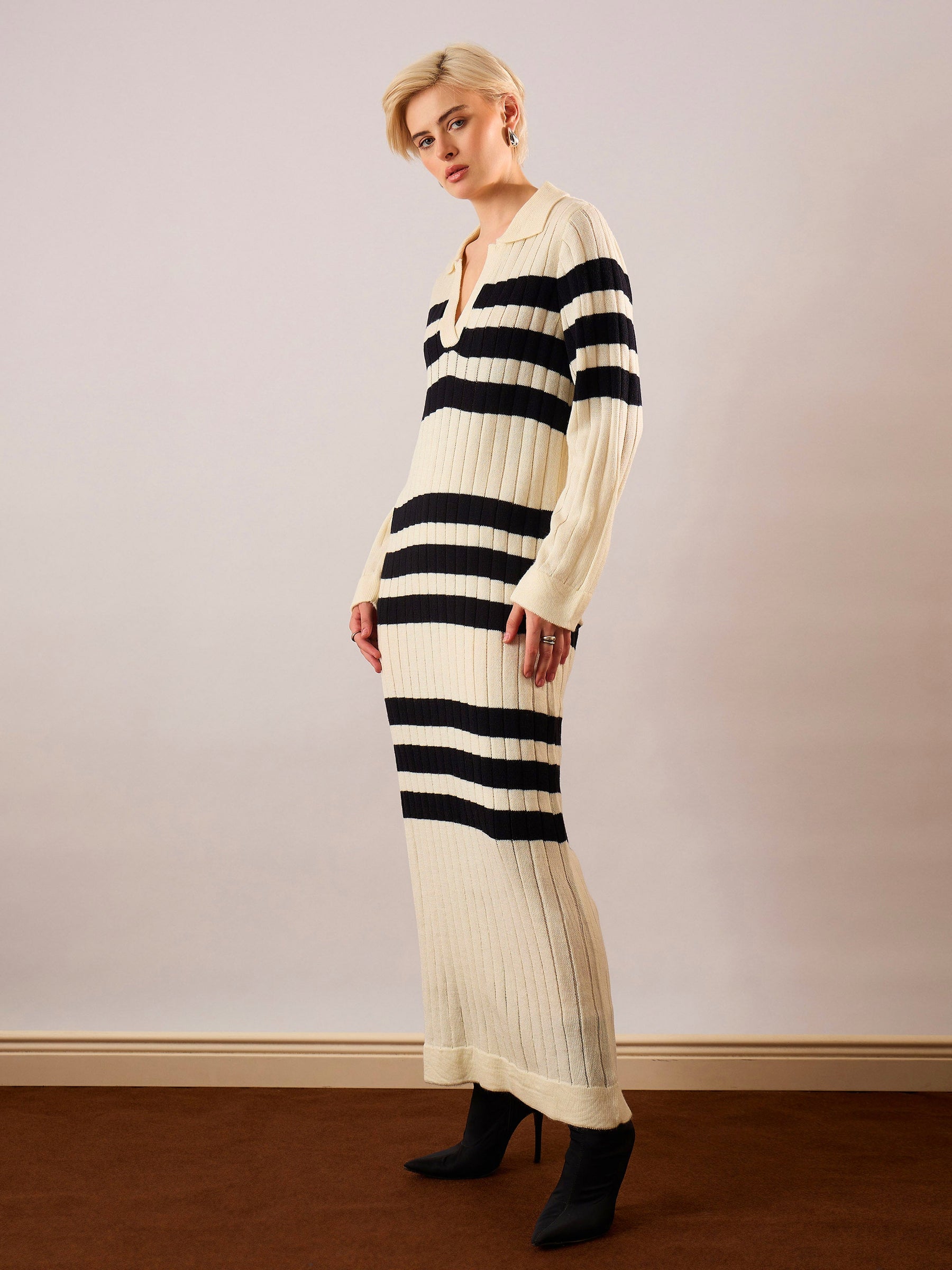 Black & Off White Striped Acrylic Wool Collar Midi Dress-SASSAFRAS