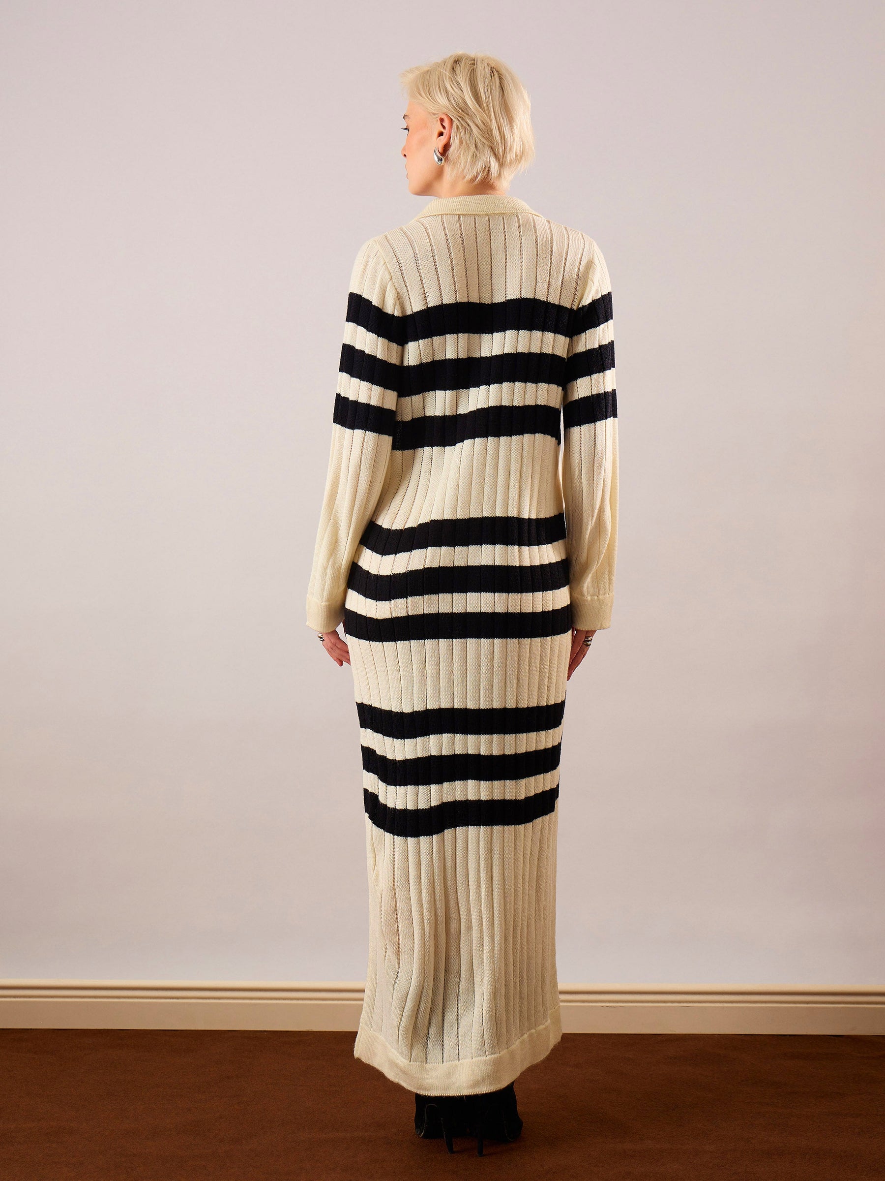 Black & Off White Striped Acrylic Wool Collar Midi Dress-SASSAFRAS