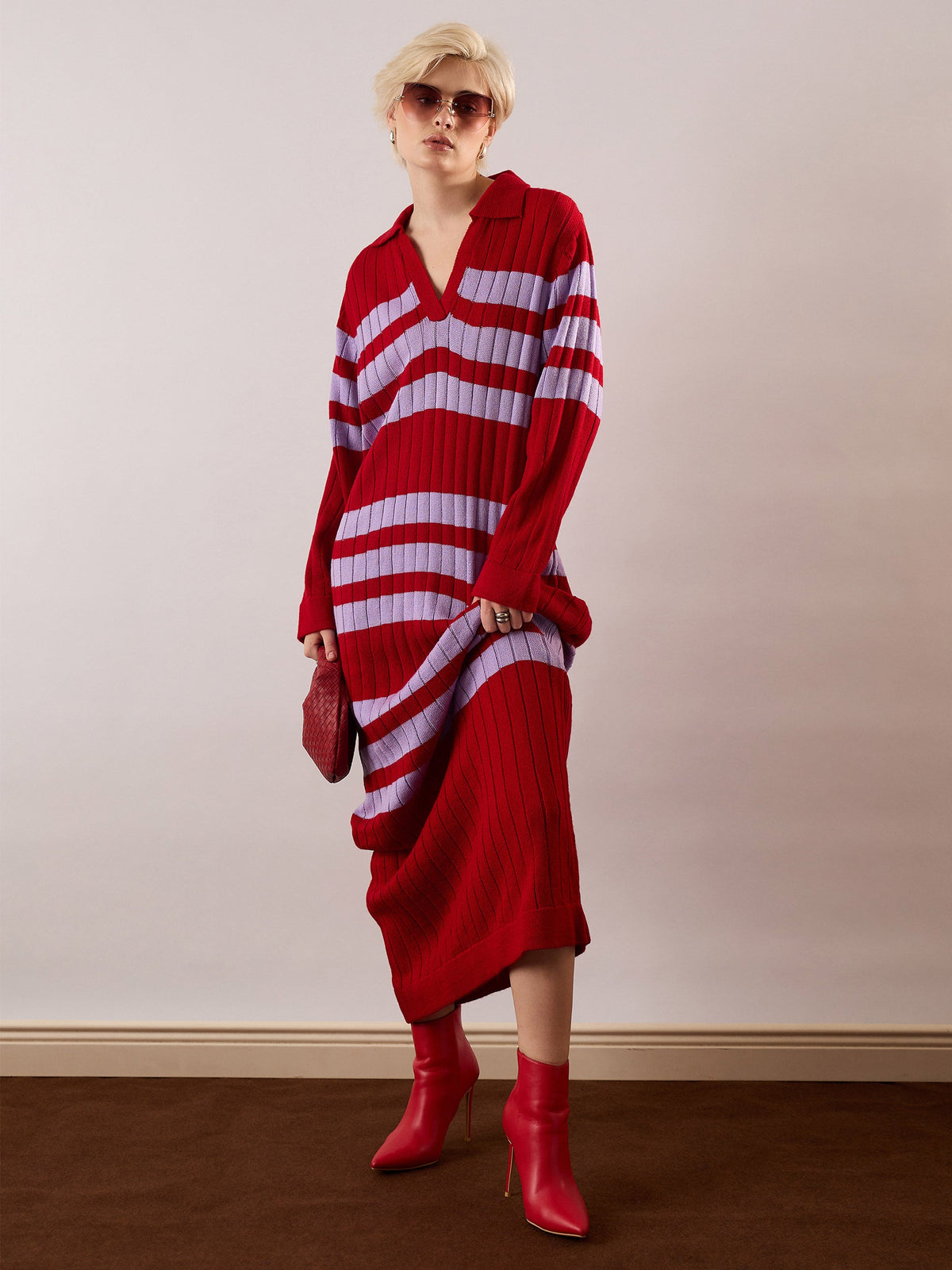 Red & Lavender Striped Acrylic Wool Collar Midi Dress-SASSAFRAS