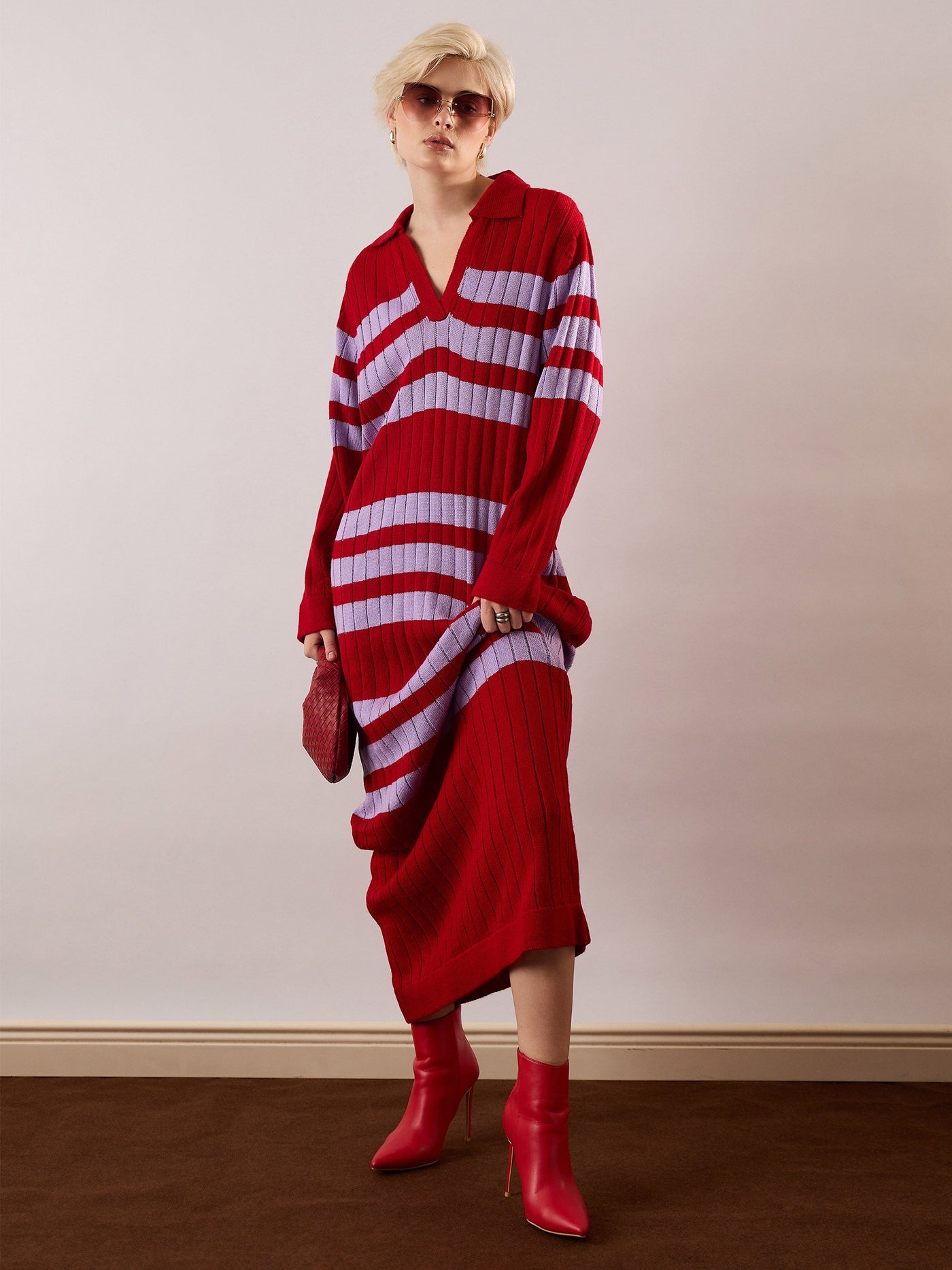 Red & Lavender Striped Acrylic Wool Collar Midi Dress-SASSAFRAS