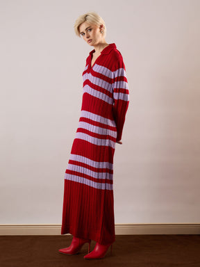 Red & Lavender Striped Acrylic Wool Collar Midi Dress-SASSAFRAS