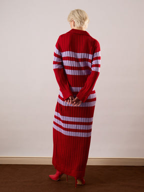 Red & Lavender Striped Acrylic Wool Collar Midi Dress-SASSAFRAS