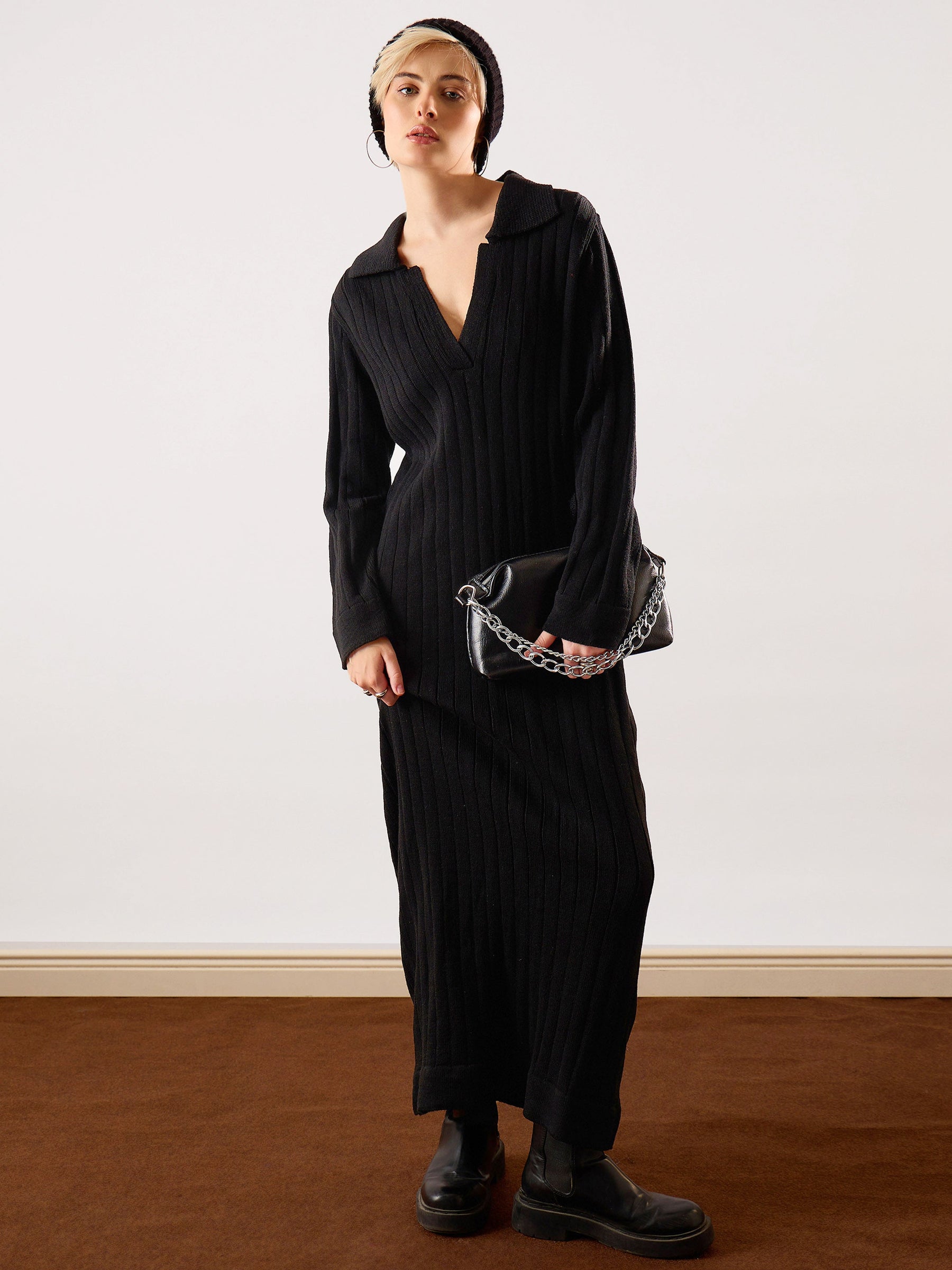 Black Acrylic Wool Collar Midi Dress-SASSAFRAS