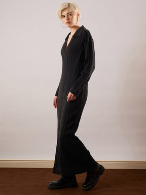 Black Acrylic Wool Collar Midi Dress-SASSAFRAS