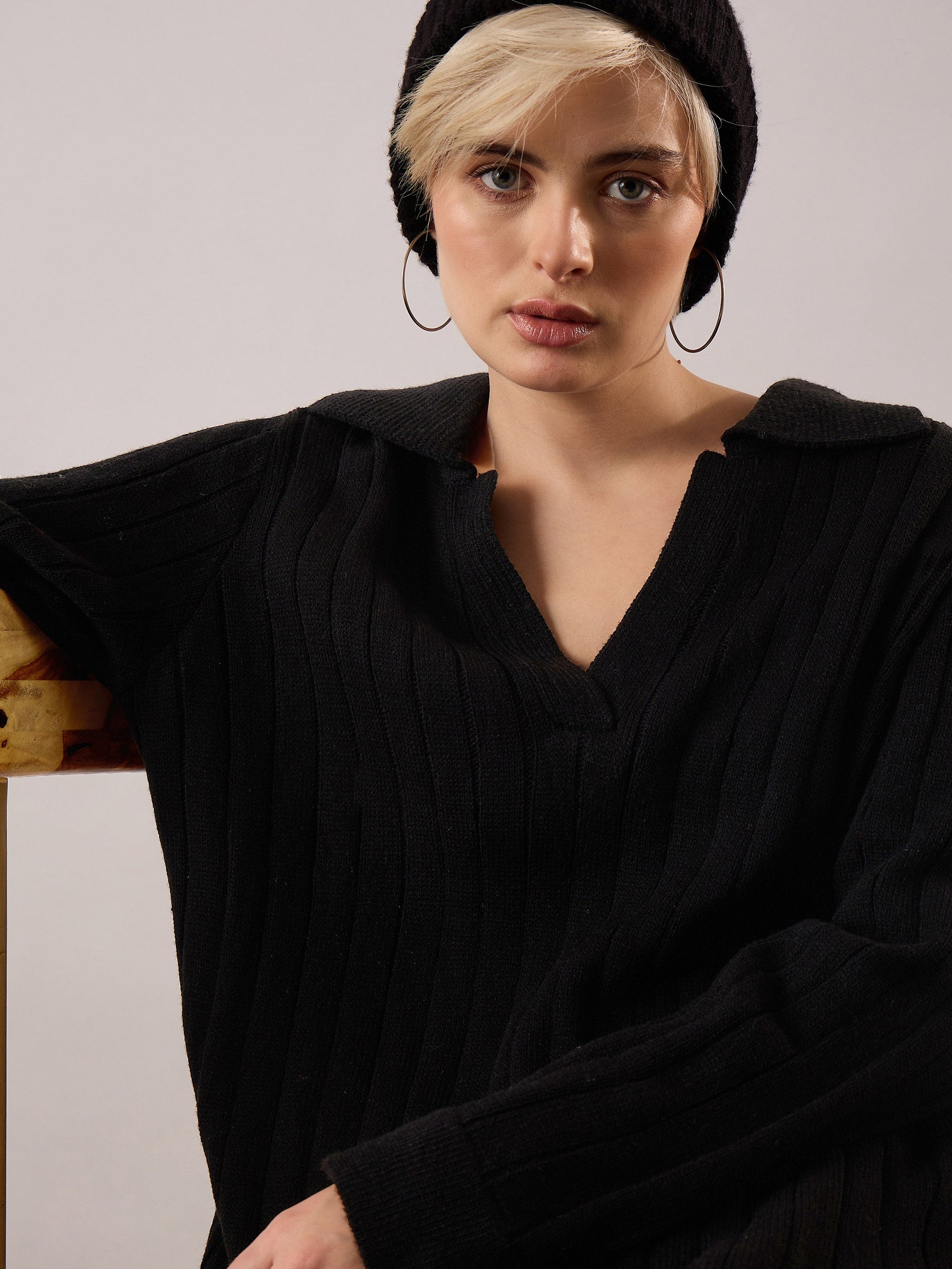 Black Acrylic Wool Collar Midi Dress-SASSAFRAS