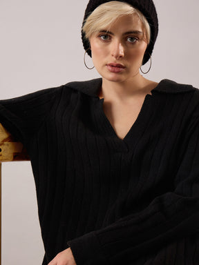 Black Acrylic Wool Collar Midi Dress-SASSAFRAS