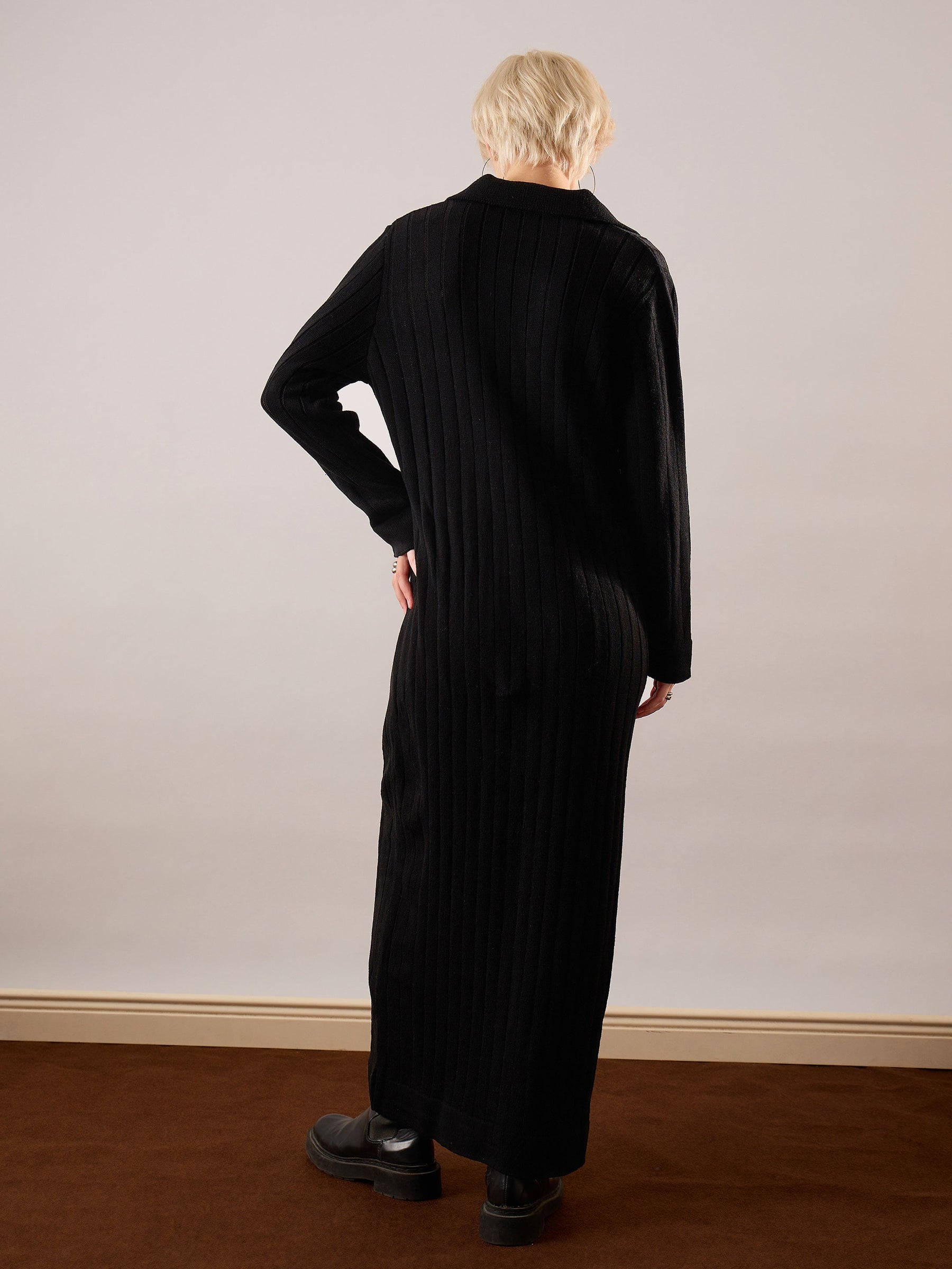 Black Acrylic Wool Collar Midi Dress-SASSAFRAS