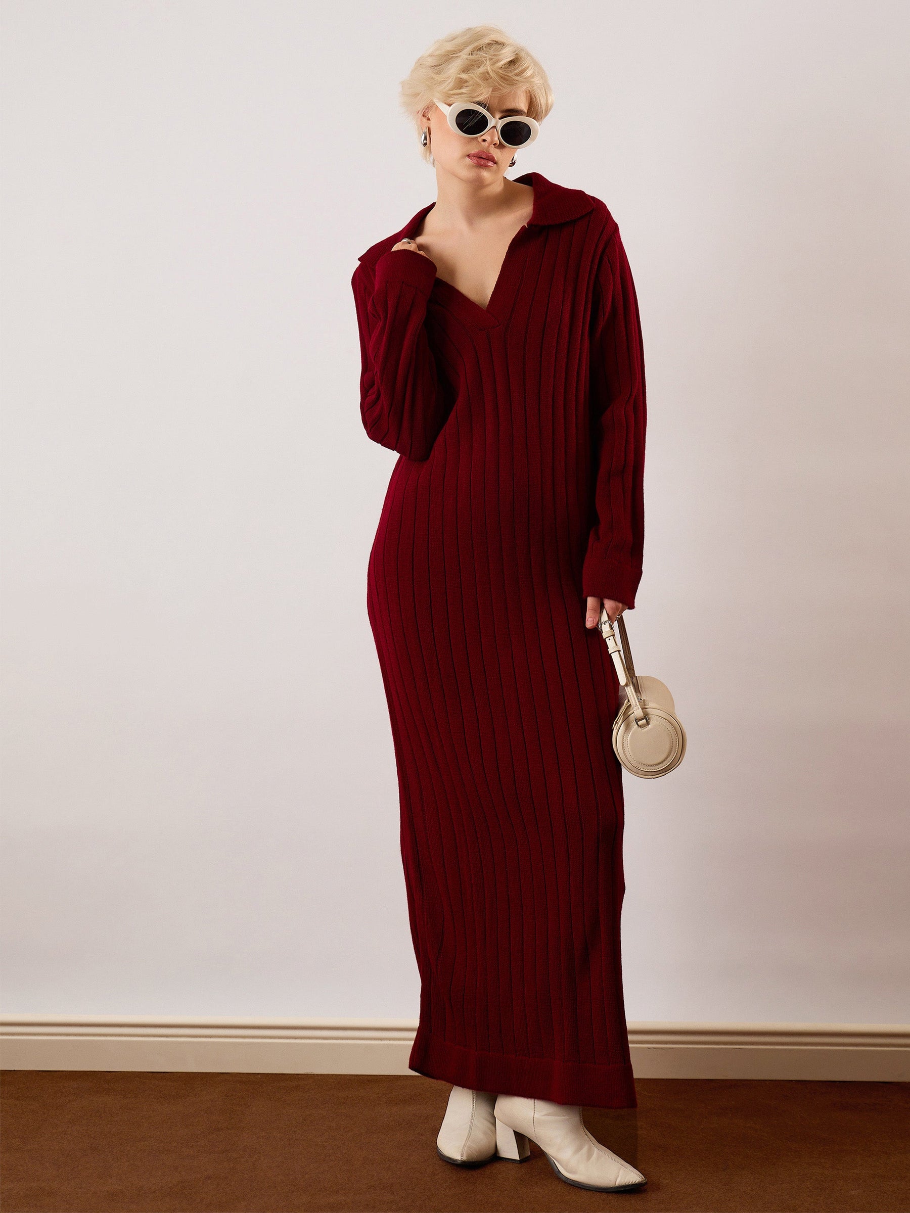 Women Maroon Acrylic Wool Collar Midi Dress - Main Image