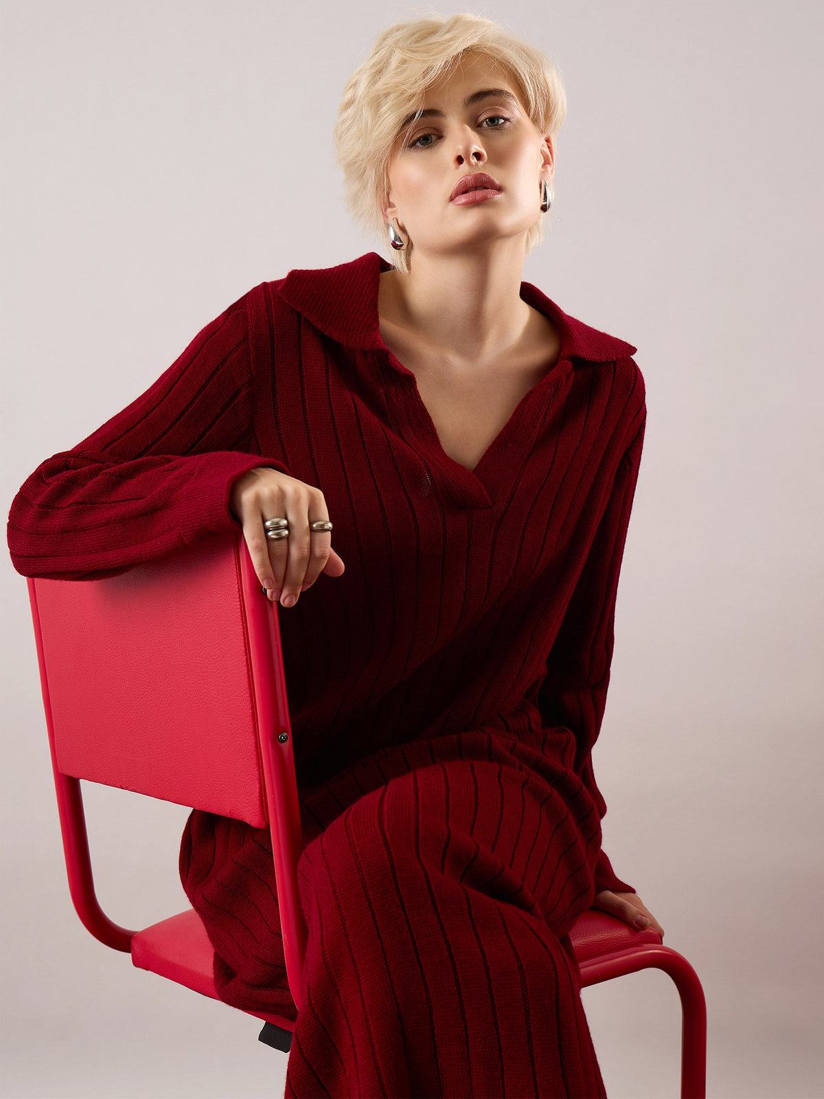 Maroon Acrylic Wool Collar Midi Dress-SASSAFRAS