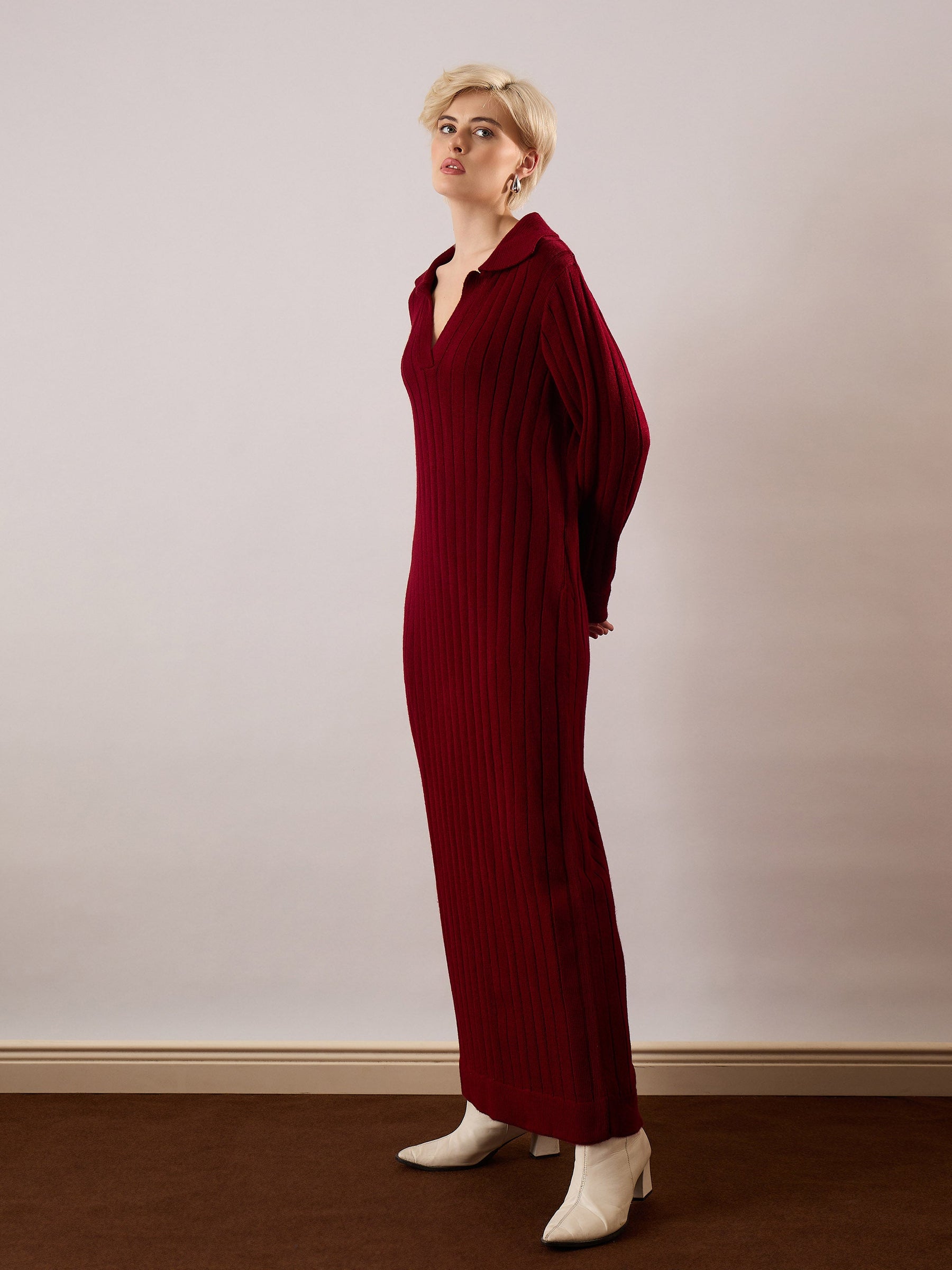 Maroon Acrylic Wool Collar Midi Dress-SASSAFRAS