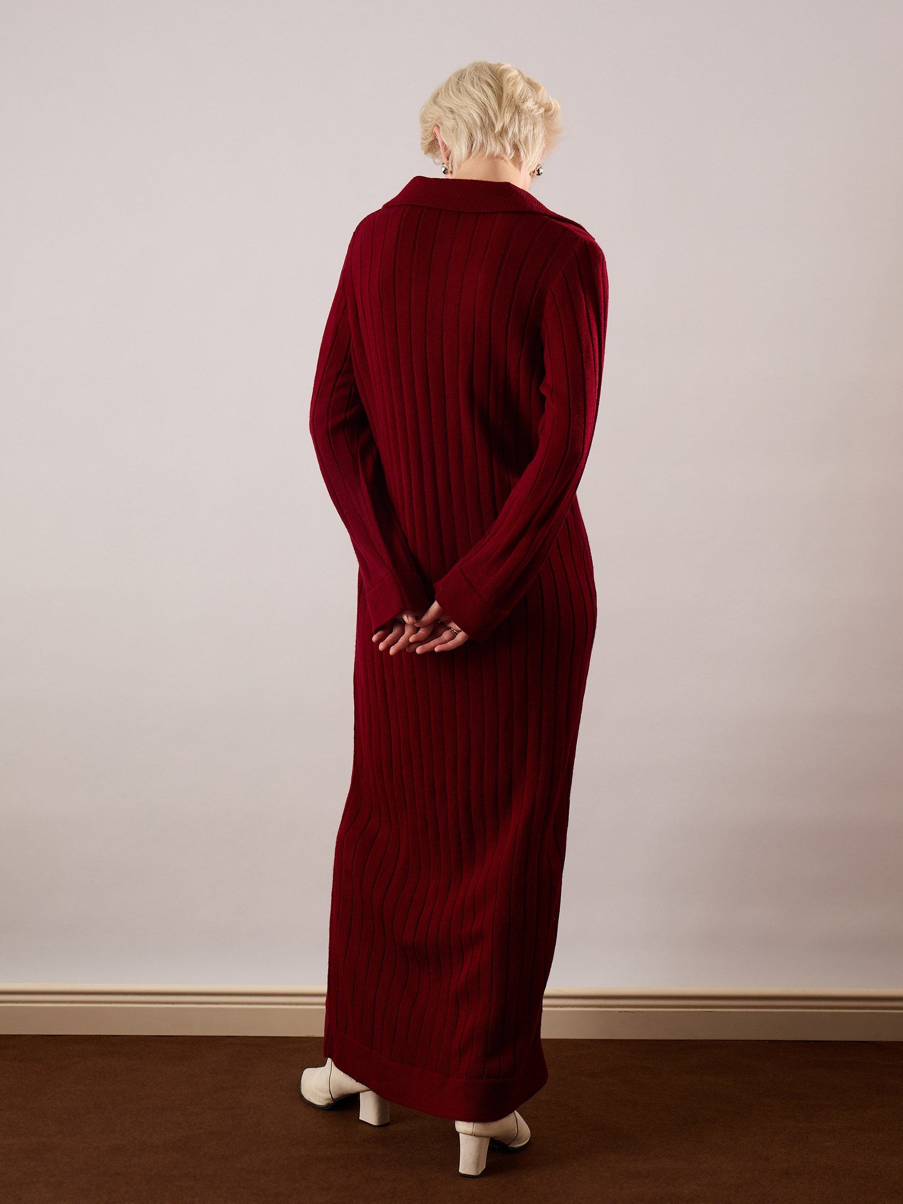 Maroon Acrylic Wool Collar Midi Dress-SASSAFRAS