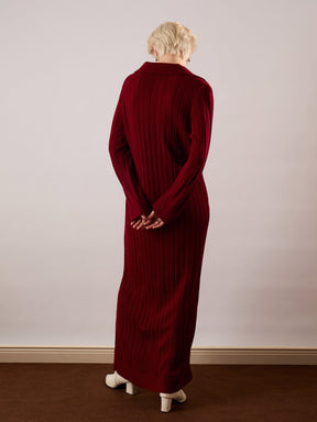 Maroon Acrylic Wool Collar Midi Dress-SASSAFRAS