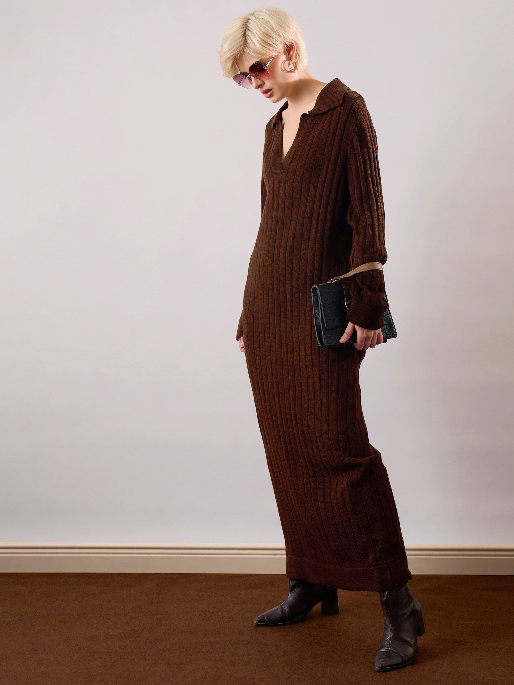 Brown Acrylic Wool Collar Midi Dress-SASSAFRAS