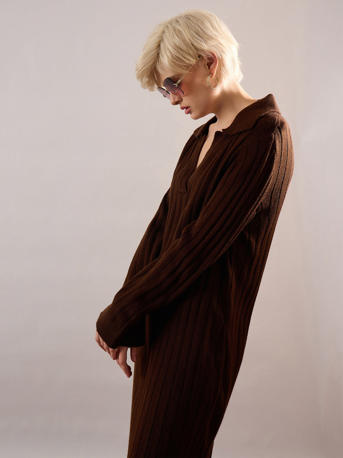 Brown Acrylic Wool Collar Midi Dress-SASSAFRAS