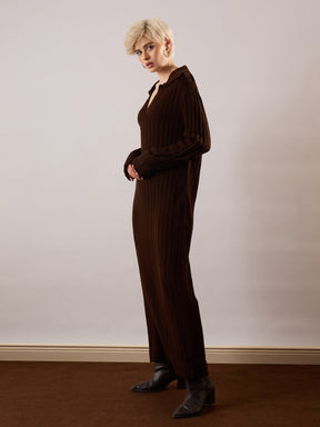 Brown Acrylic Wool Collar Midi Dress-SASSAFRAS