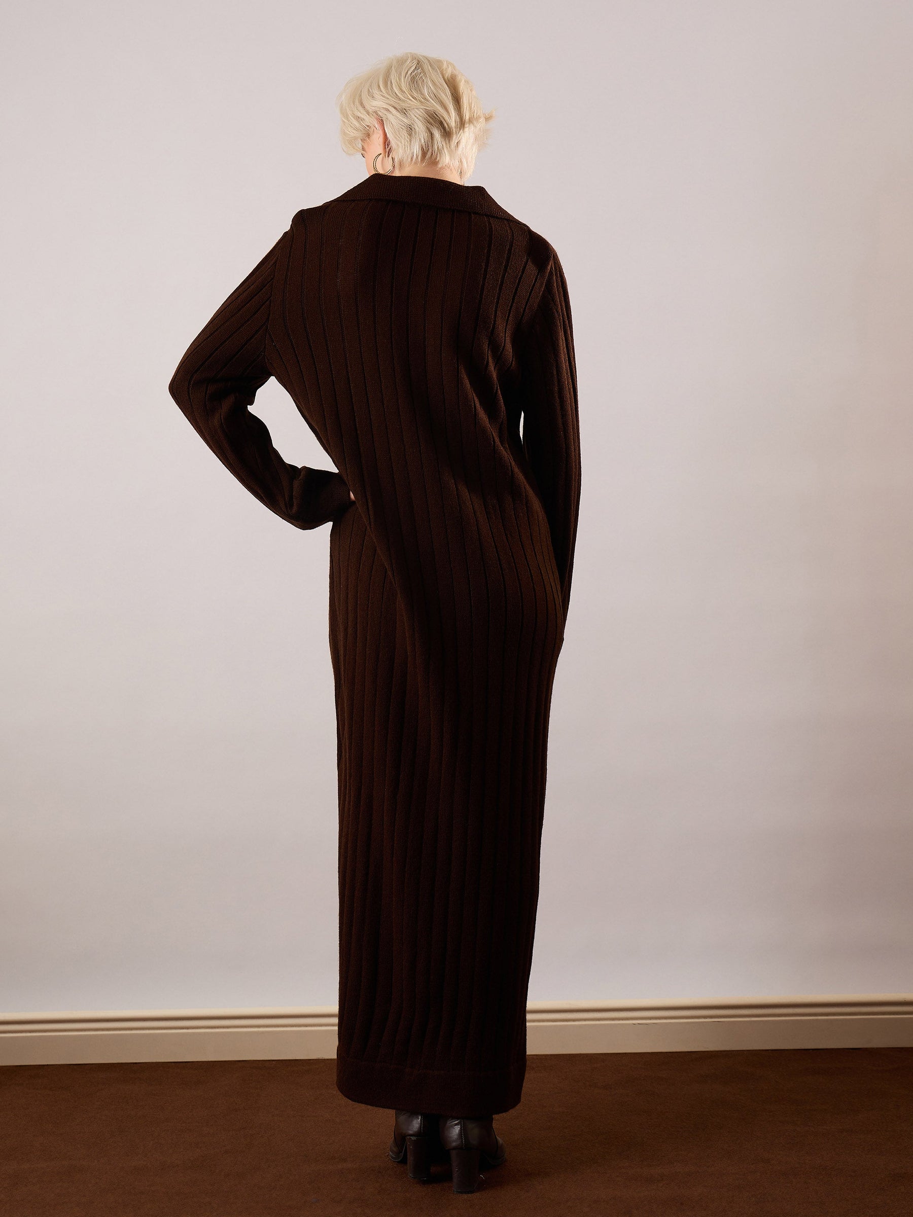 Brown Acrylic Wool Collar Midi Dress-SASSAFRAS