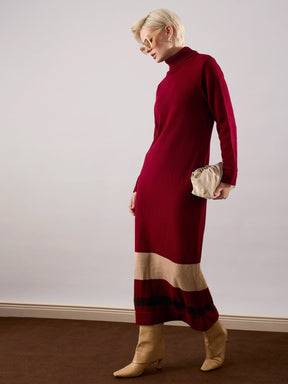 Maroon Solid Acrylic Wool Turtle neck Maxi Dress-SASSAFRAS
