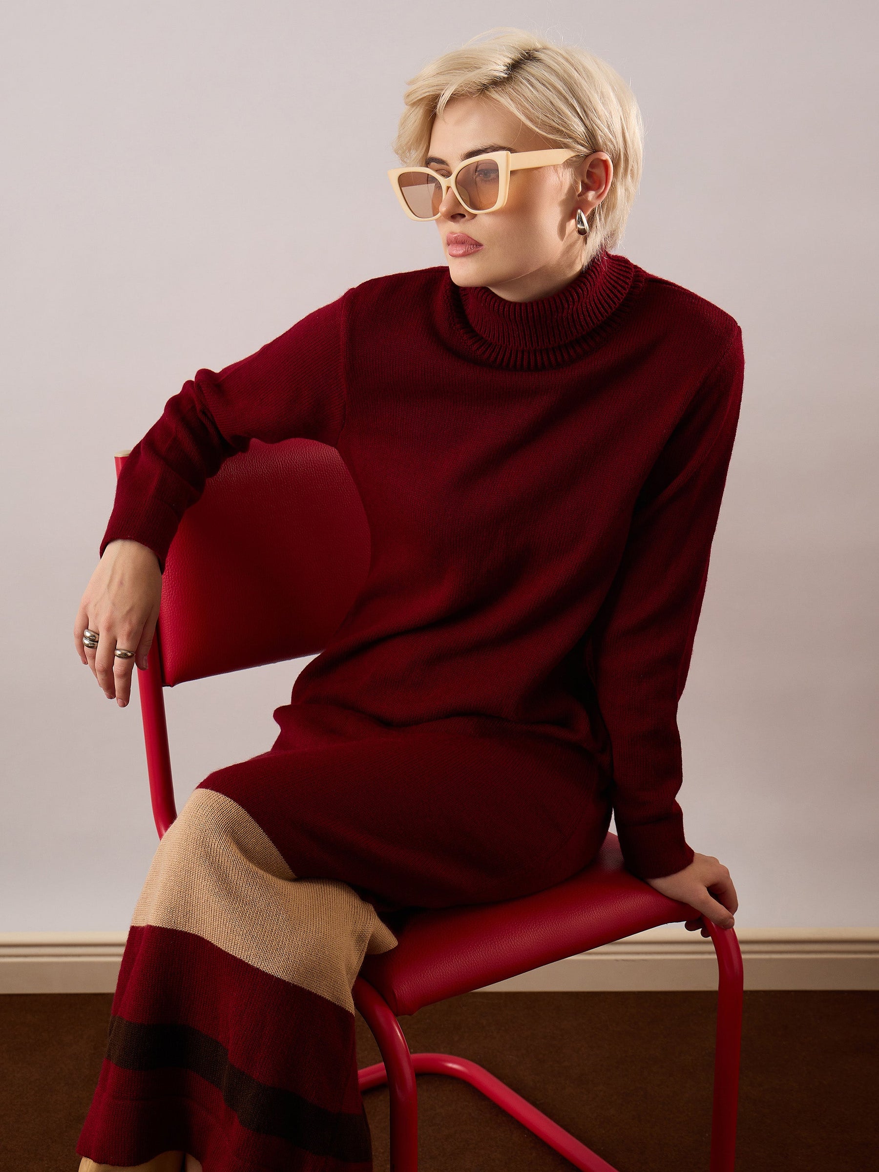 Maroon Solid Acrylic Wool Turtle neck Maxi Dress-SASSAFRAS