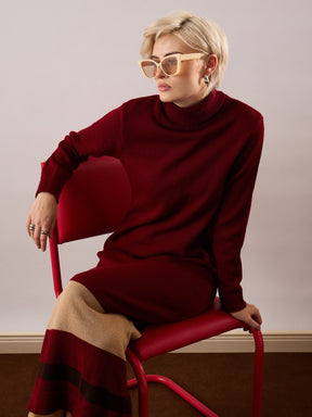Maroon Solid Acrylic Wool Turtle neck Maxi Dress-SASSAFRAS