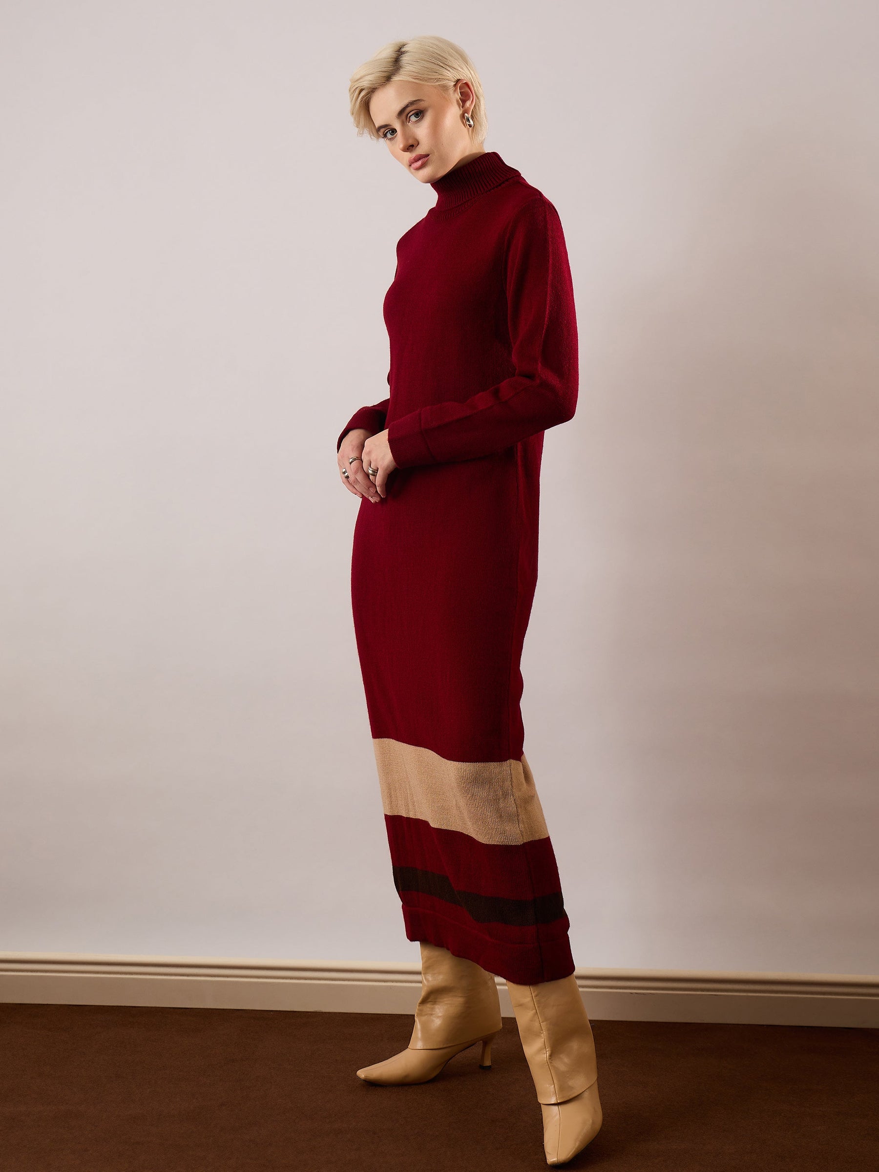Maroon Solid Acrylic Wool Turtle neck Maxi Dress-SASSAFRAS