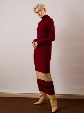 Maroon Solid Acrylic Wool Turtle neck Maxi Dress-SASSAFRAS
