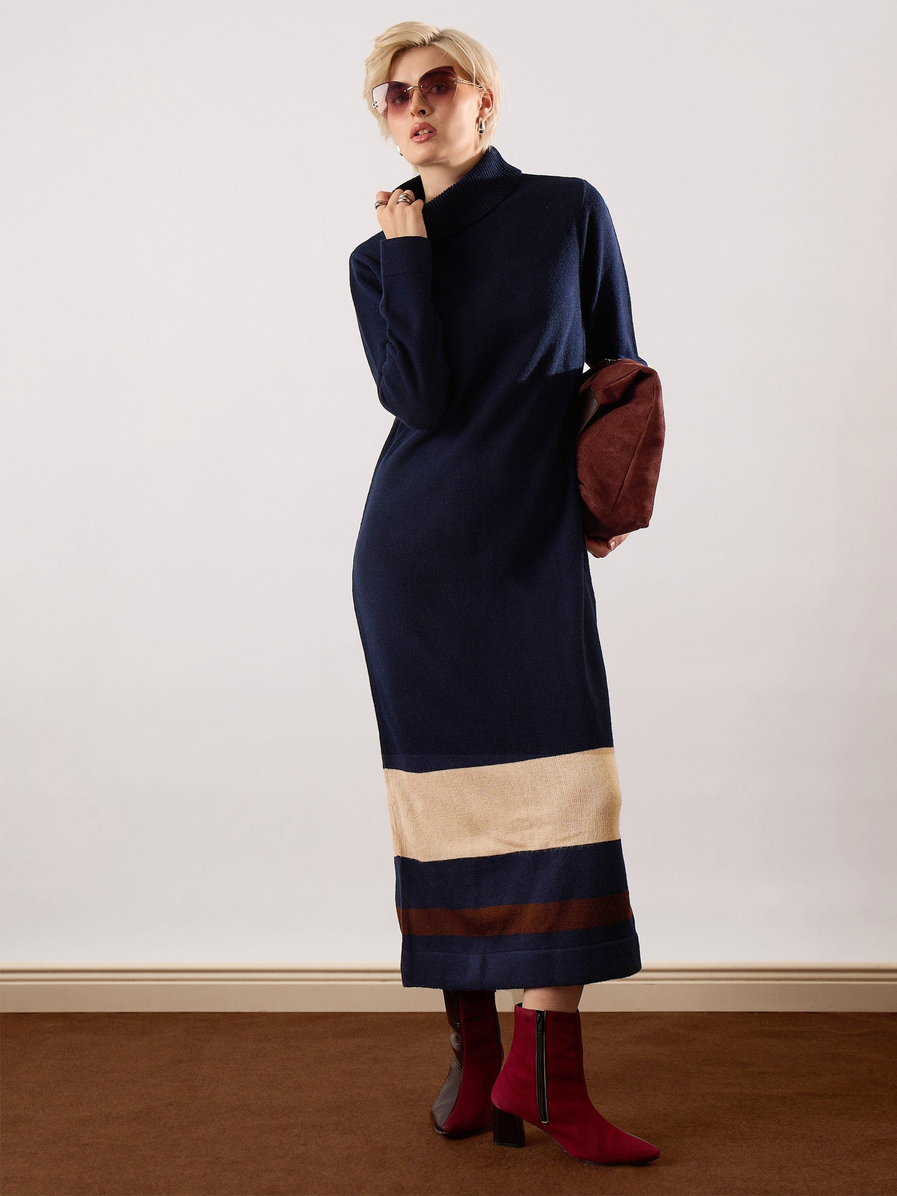Navy Blue Solid Acrylic Wool Turtle neck Maxi Dress-SASSAFRAS
