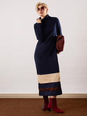 Navy Blue Solid Acrylic Wool Turtle neck Maxi Dress-SASSAFRAS