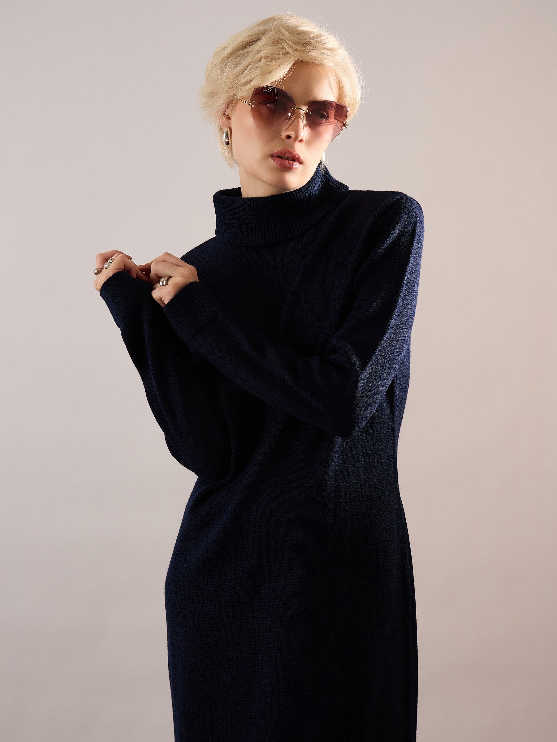 Navy Blue Solid Acrylic Wool Turtle neck Maxi Dress-SASSAFRAS