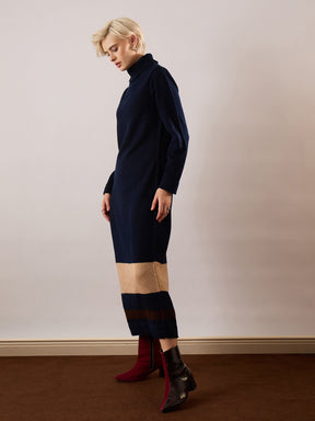 Navy Blue Solid Acrylic Wool Turtle neck Maxi Dress-SASSAFRAS