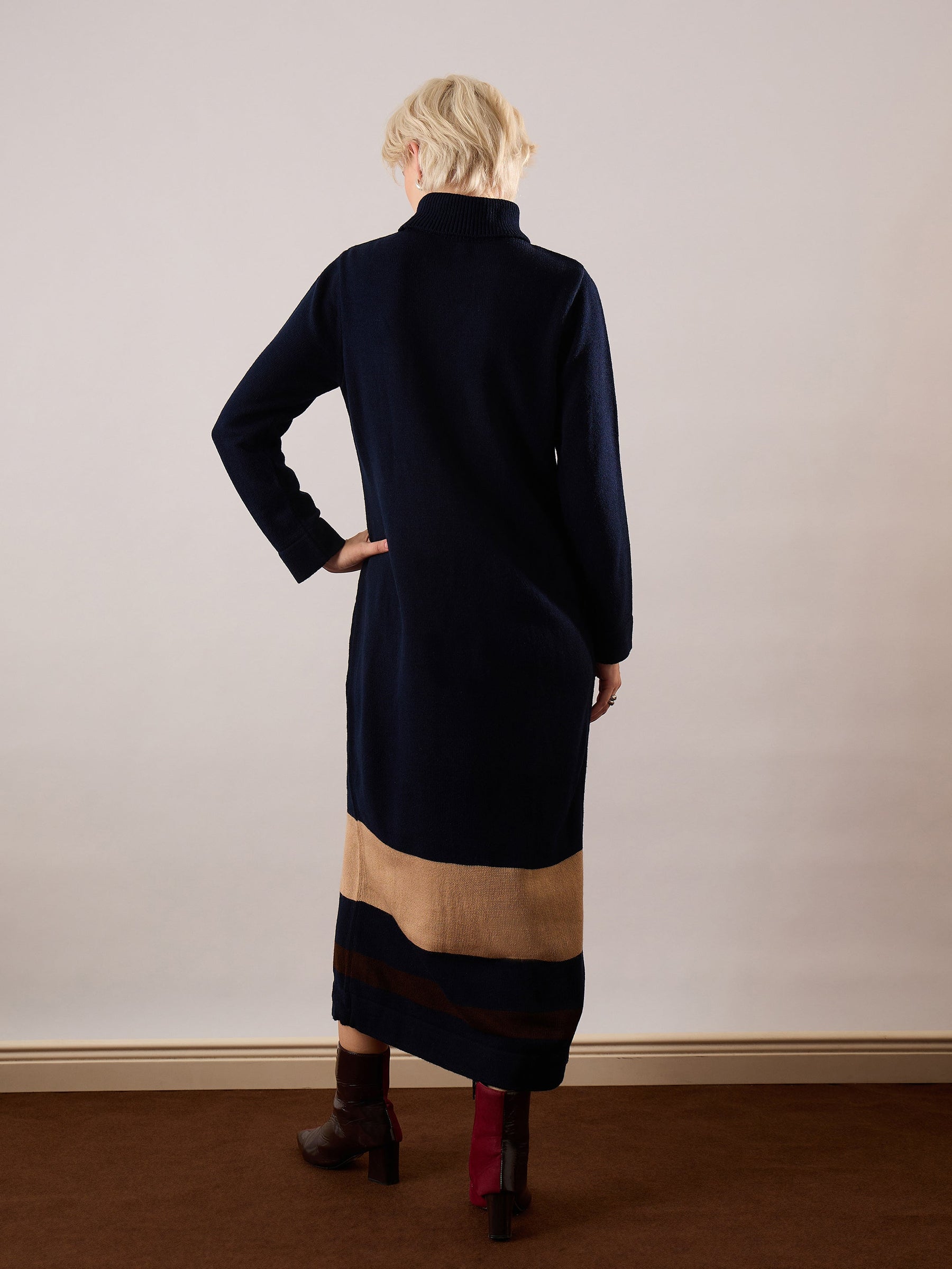 Navy Blue Solid Acrylic Wool Turtle neck Maxi Dress-SASSAFRAS