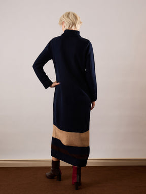 Navy Blue Solid Acrylic Wool Turtle neck Maxi Dress-SASSAFRAS