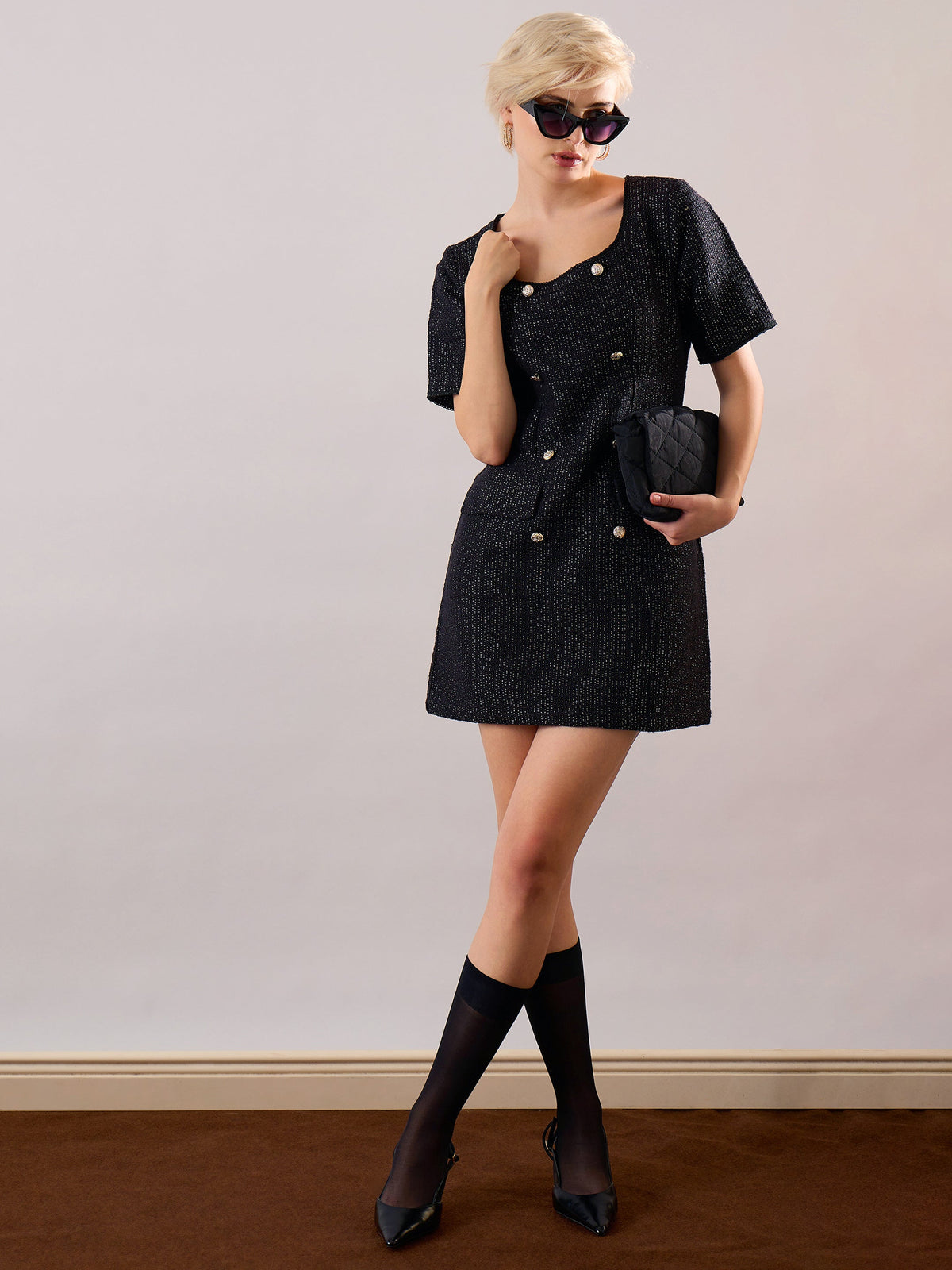 Black Tweed Round Neck Short Dress-SASSAFRAS