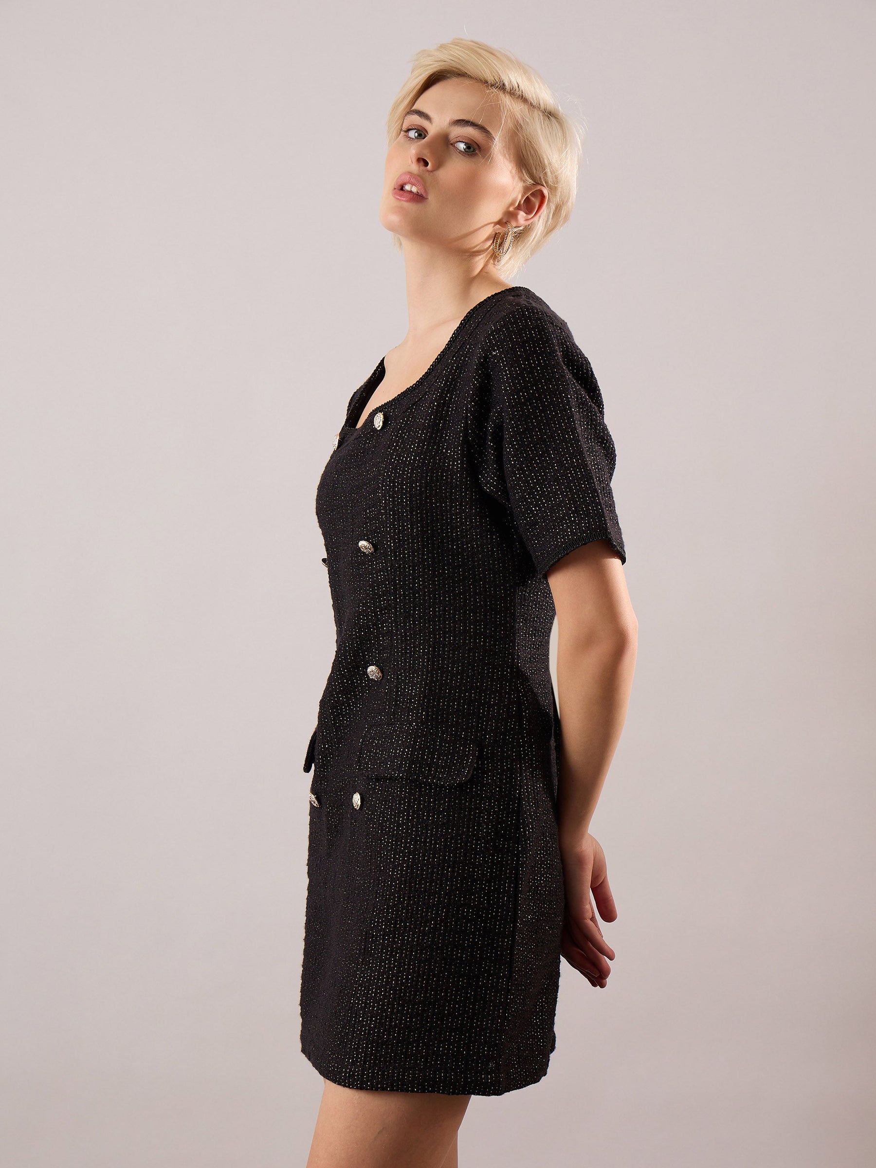 Black Tweed Round Neck Short Dress-SASSAFRAS