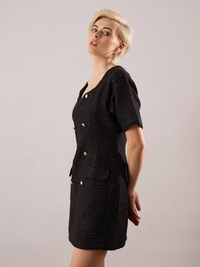 Black Tweed Round Neck Short Dress-SASSAFRAS